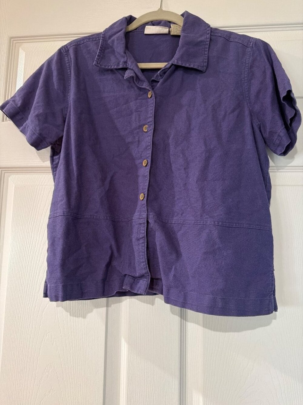 Erika Collection Petites Purple Short Sleeve Button-Up Shirt PL Linen Blend